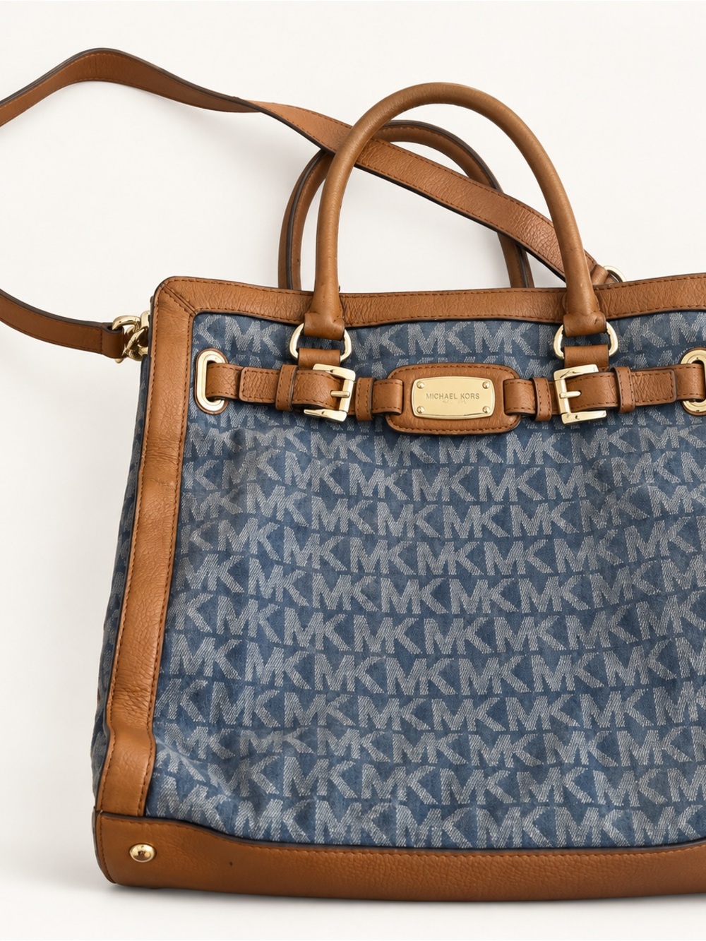 2017 Michael Kors Blue MK Logo Canvas Tote/wallet set with Brown Leather Trim